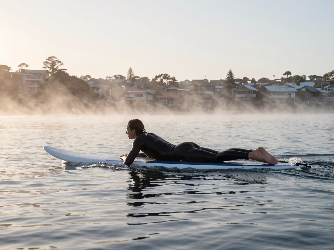 Surfer Paddling at Dawn Beyond the Break in by a riverbank near Bondi, Sydney