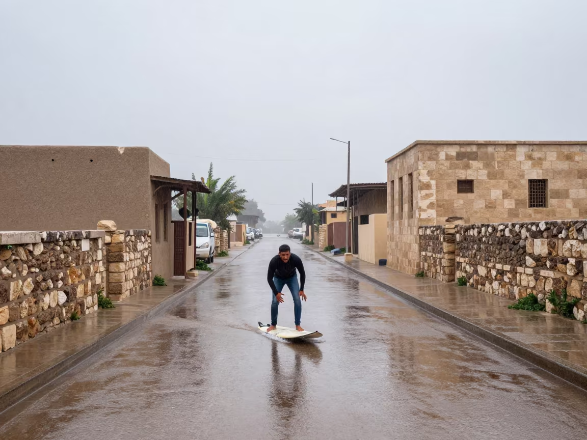 Surfer Paddling Dawn Lane Damascus Monsoon in in a village lane near Damascus