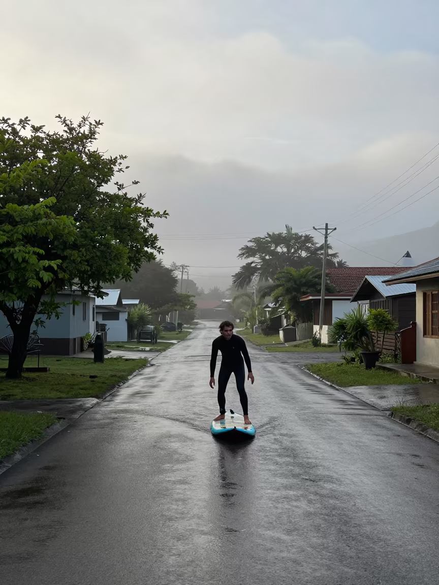 Surfer Paddling Dawn Mist Village Lane San Jose in in a village lane near San Jose