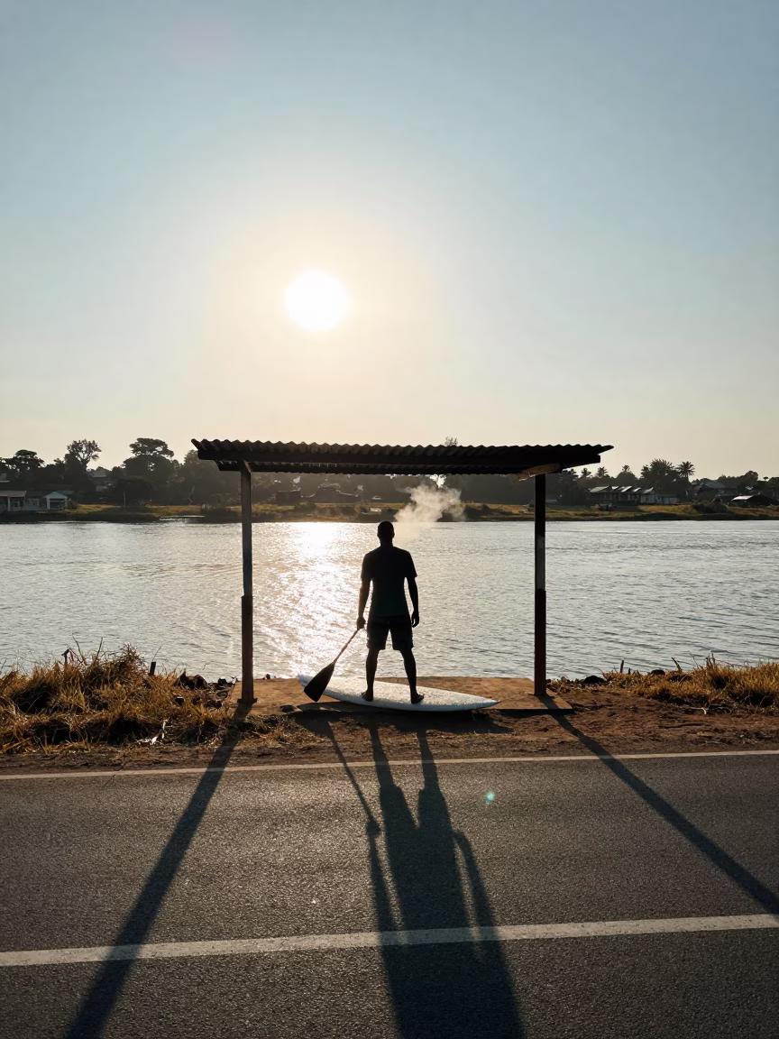 Surfer Paddling Out at Bauchi Dawn Shadow in at a roadside stop near Bauchi
