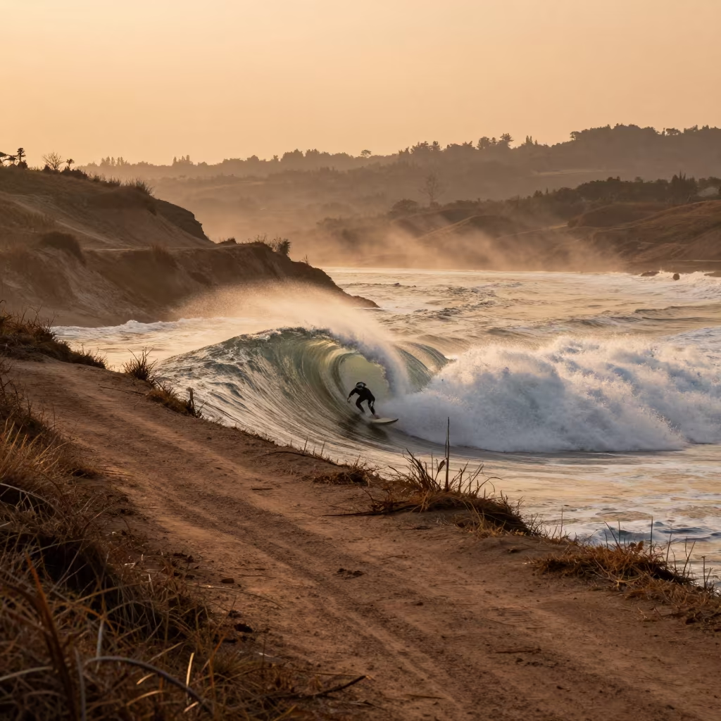 Surfer Rides Barrel Wave on Chengdu Mountain Path in on a mountain path near Chengdu