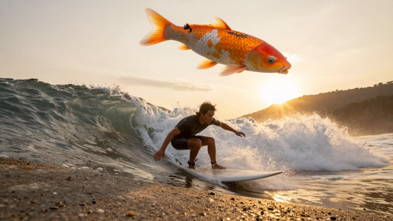 Surfer Rides Wave on Mountain Path Under Giant Koi in on a mountain path near Daegu