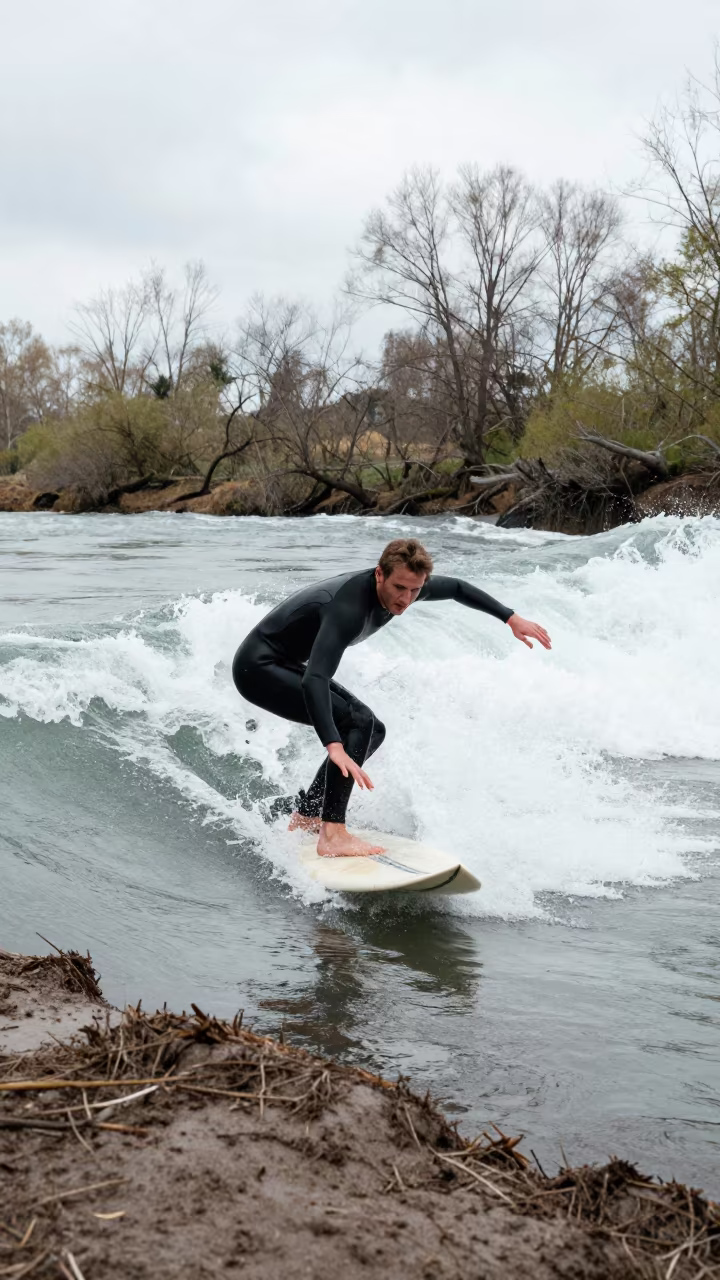 Surfer Riding Barrel Wave on River Near Zhengzhou in by a riverbank near Zhengzhou