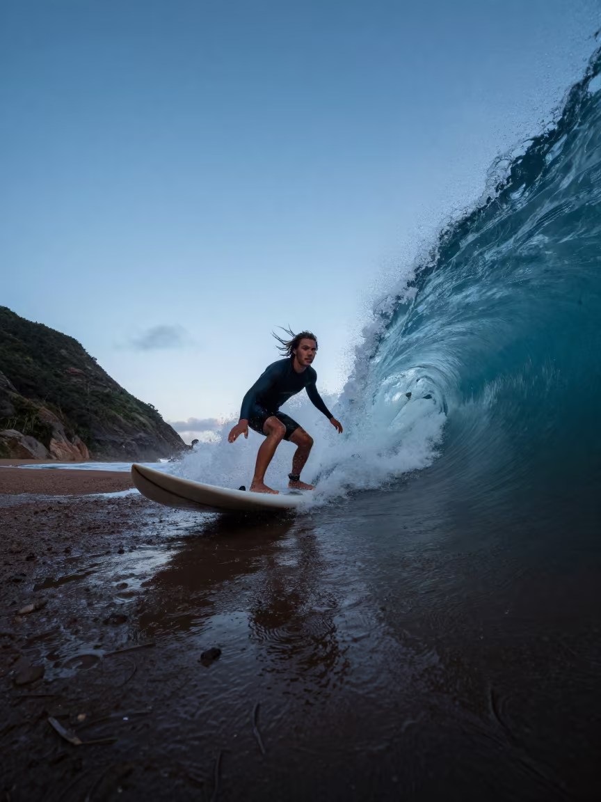 Surfer Riding Barrel Wave on Thies Mountain Path in on a mountain path near Thies
