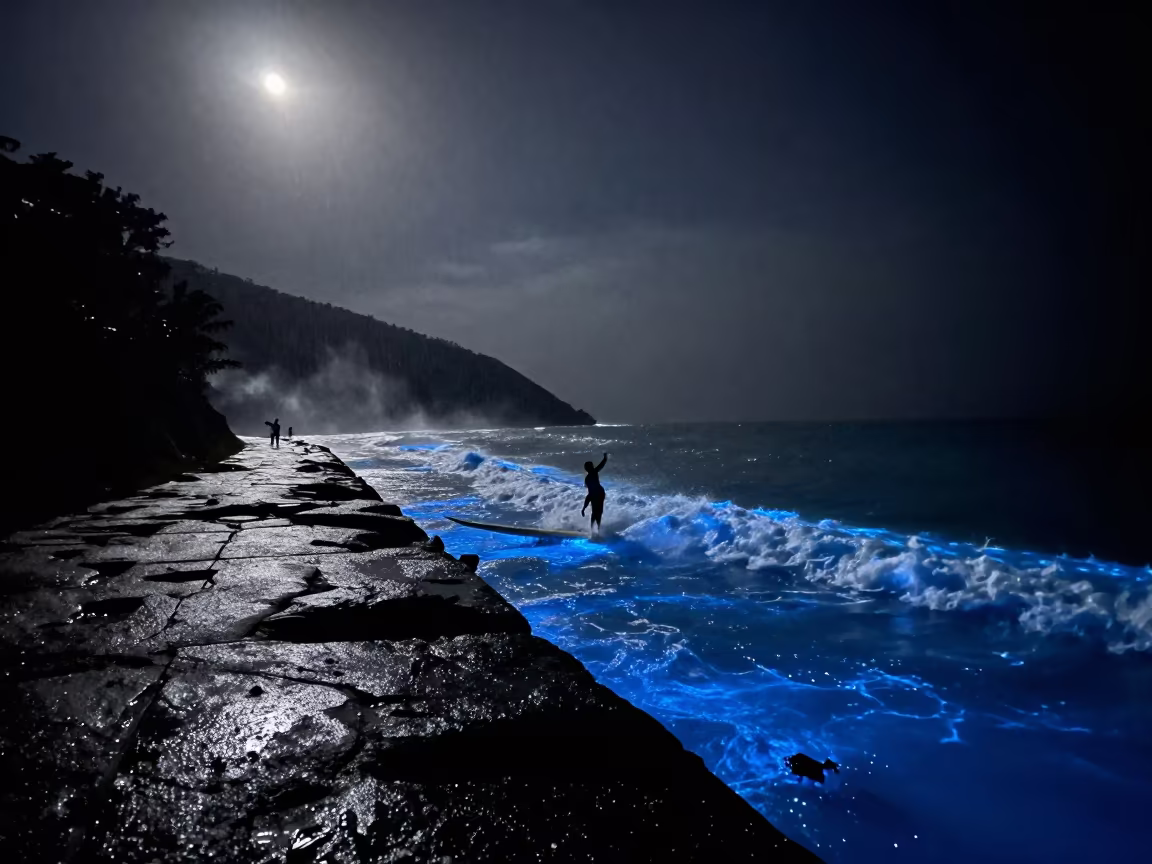 Surfer wave bioluminescence mountain night Goiania in on a mountain path near Goiania