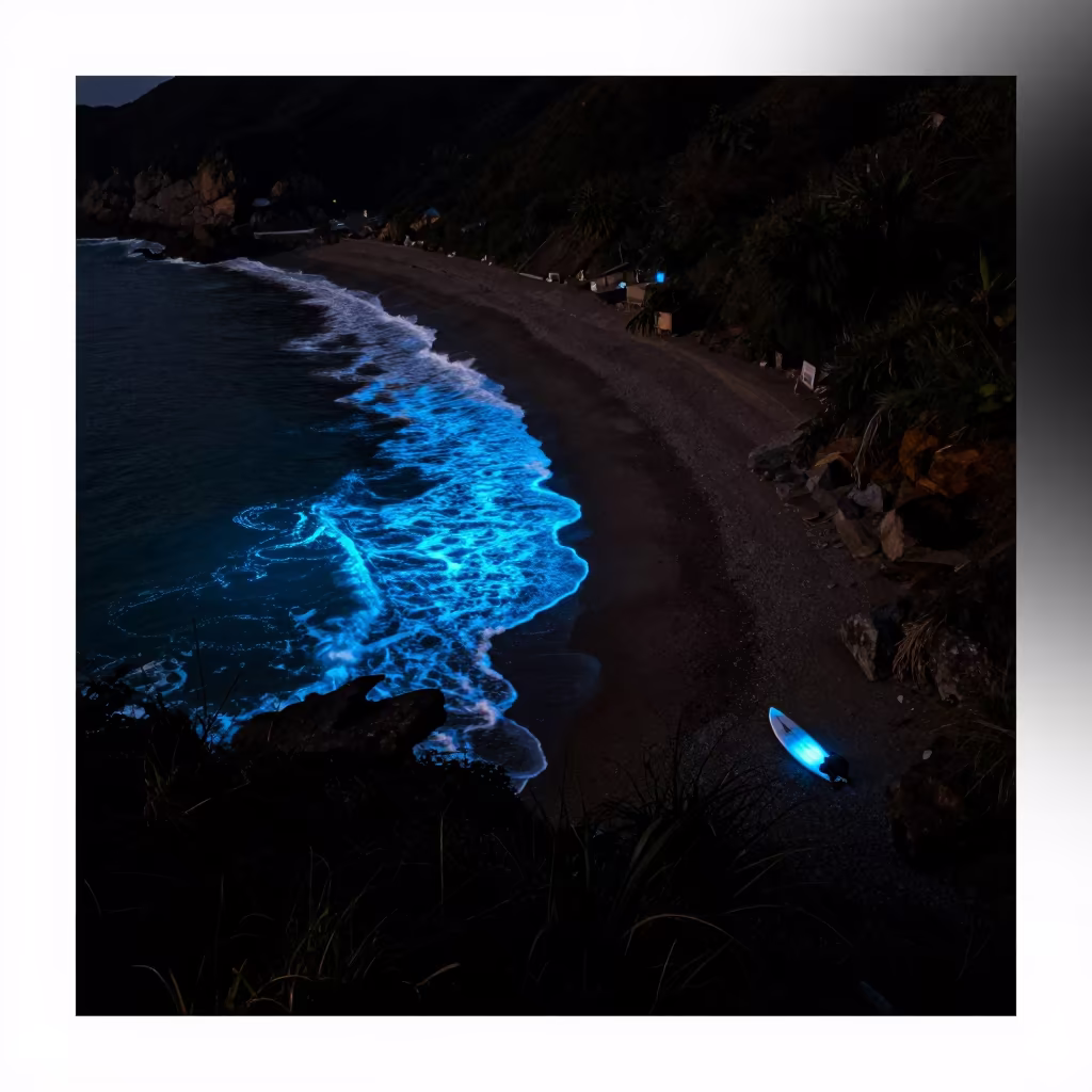 Surfer Wave Bioluminescence Mountain Path Night in on a mountain path near Taichung
