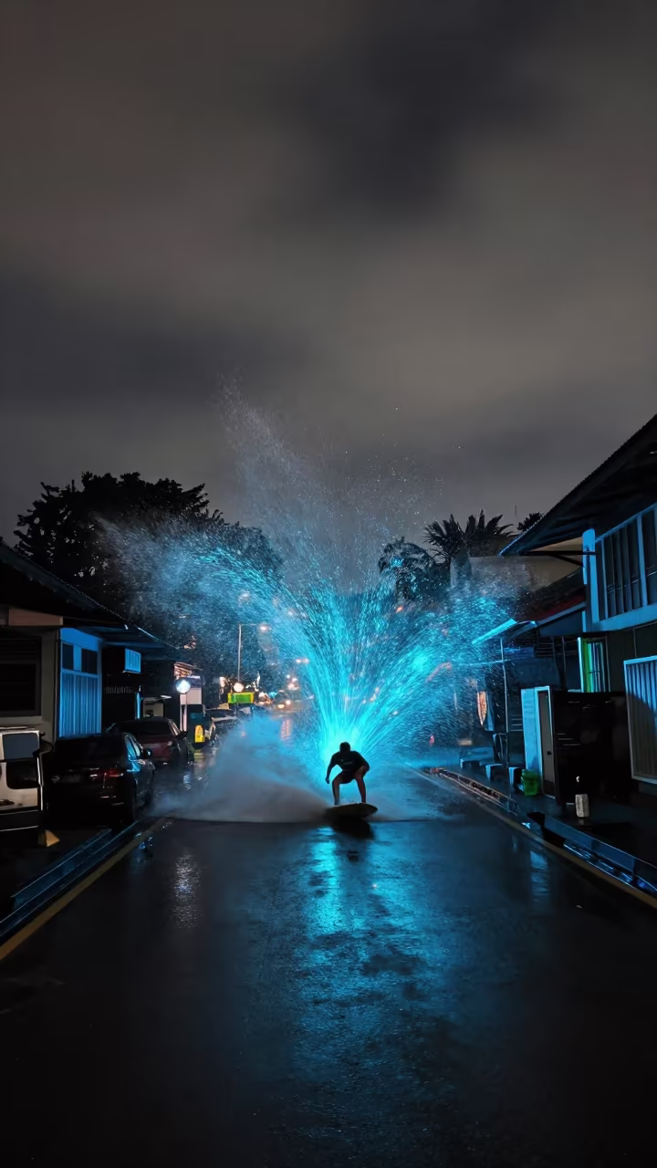Surfer Wave Bioluminescence Night Kuala Lumpur in in a village lane near Kuala Lumpur
