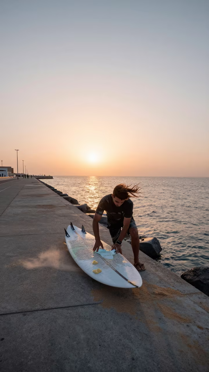 Surfer Waxing Board at Dawn Harbor Quay in at a harbor quay near Al Ain