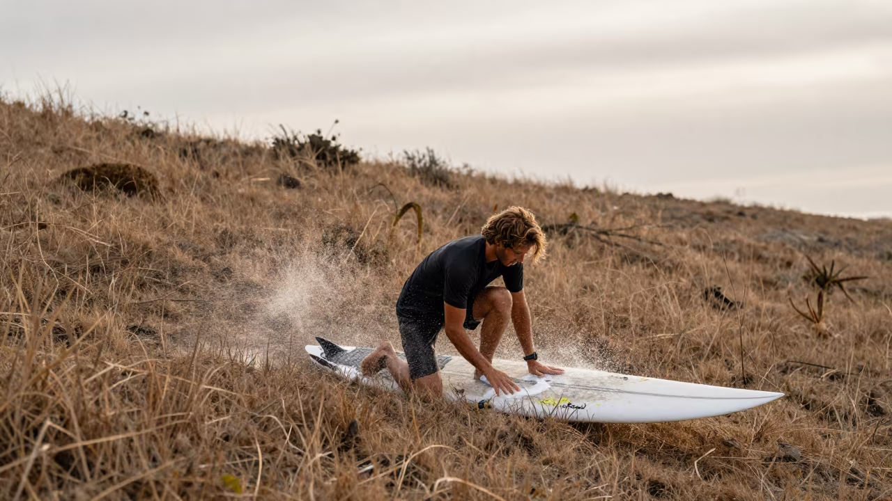 Surfer Waxing Board at Dawn Hillside Santiago in on a hillside near Centro, Santiago