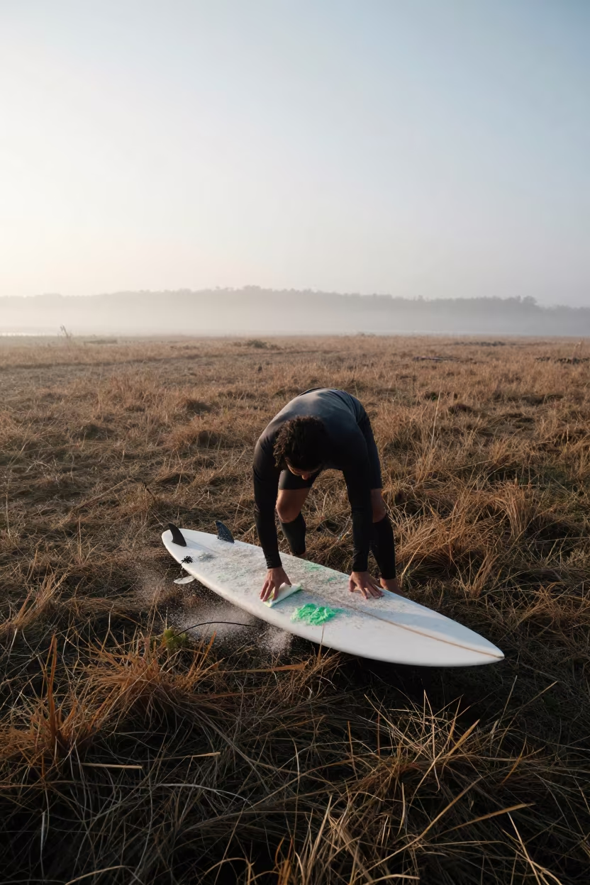 Surfer Waxing Board at Dawn Mist in near open fields near Abiko