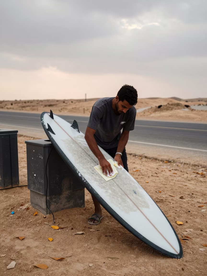Surfer Waxing Board at Giza Dawn in at a roadside stop near Giza