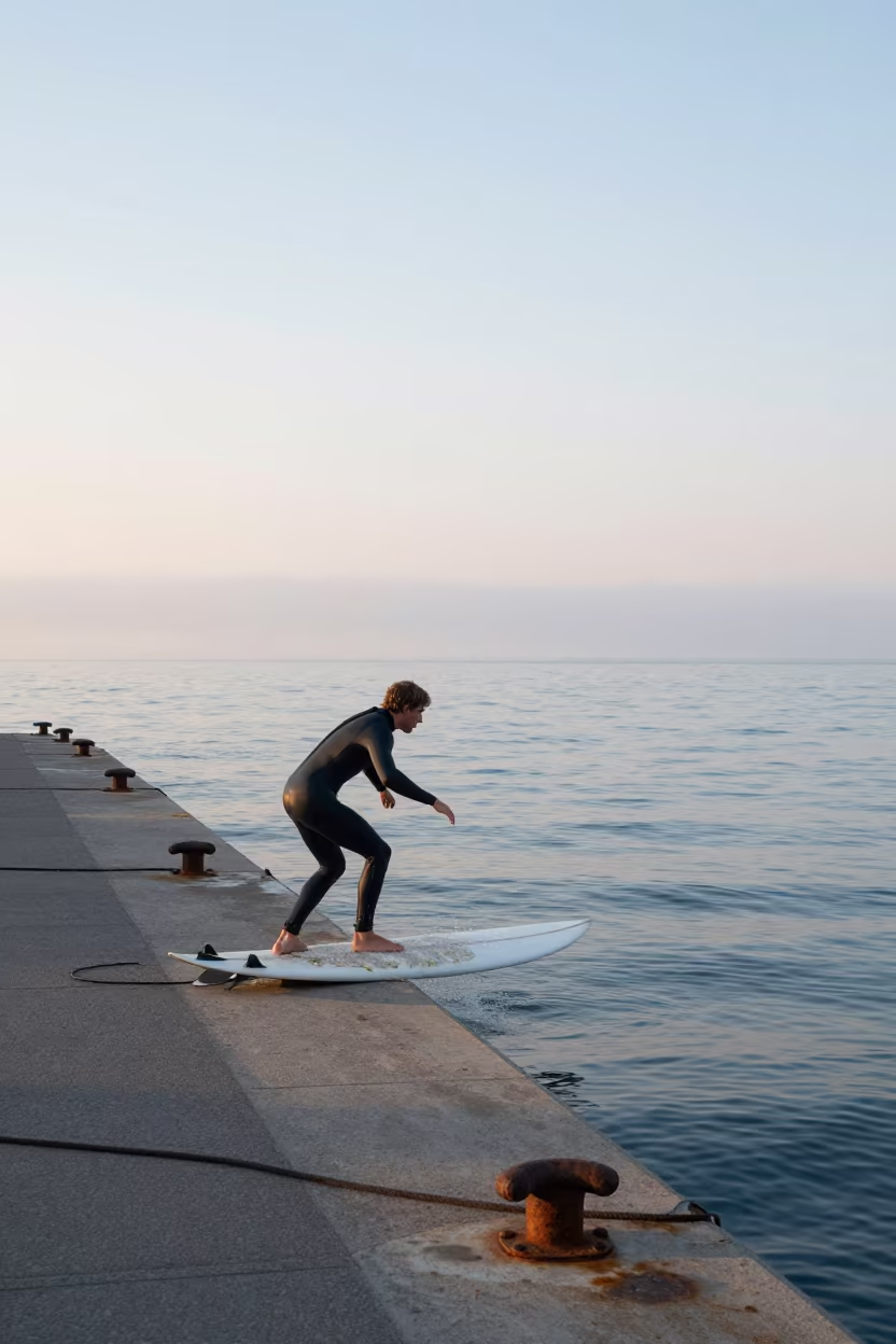 Surfer Waxing Board at Ossington Harbor Dawn in at a harbor quay near Ossington, Toronto
