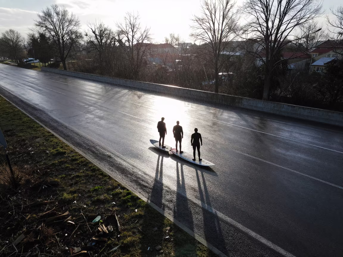 Surfers Waiting Above Afyonkarahisar Winter in at a roadside stop near Afyonkarahisar