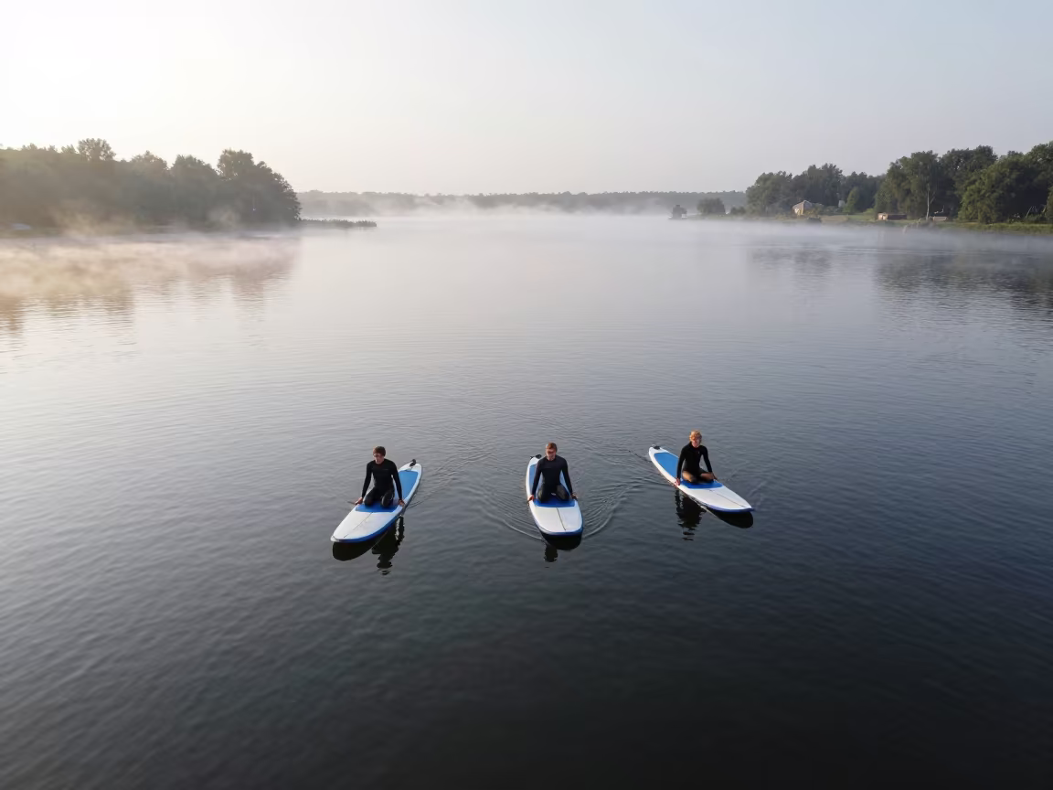 Surfers Waiting Above in Misty Vilnius Dawn Light in along a beach near Vilnius