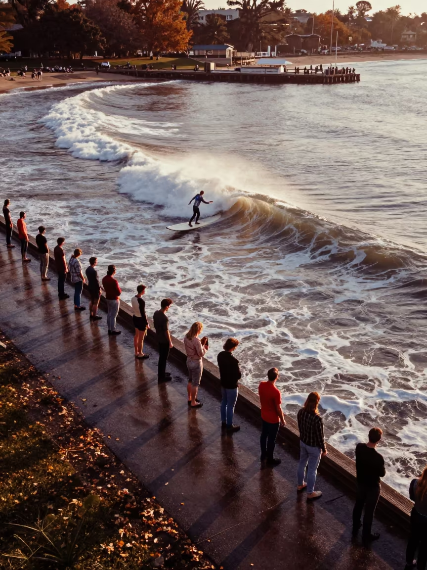 Surfers Waiting on Harbor Quay in Autumn Light in at a harbor quay near Dallas