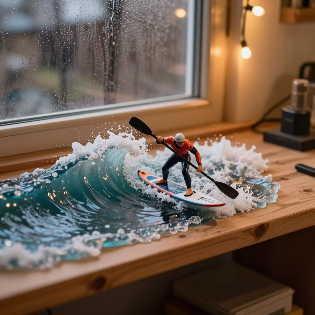 Surfski Paddler Model on Workshop Shelf at Twilight in on a workshop shelf in Anyang