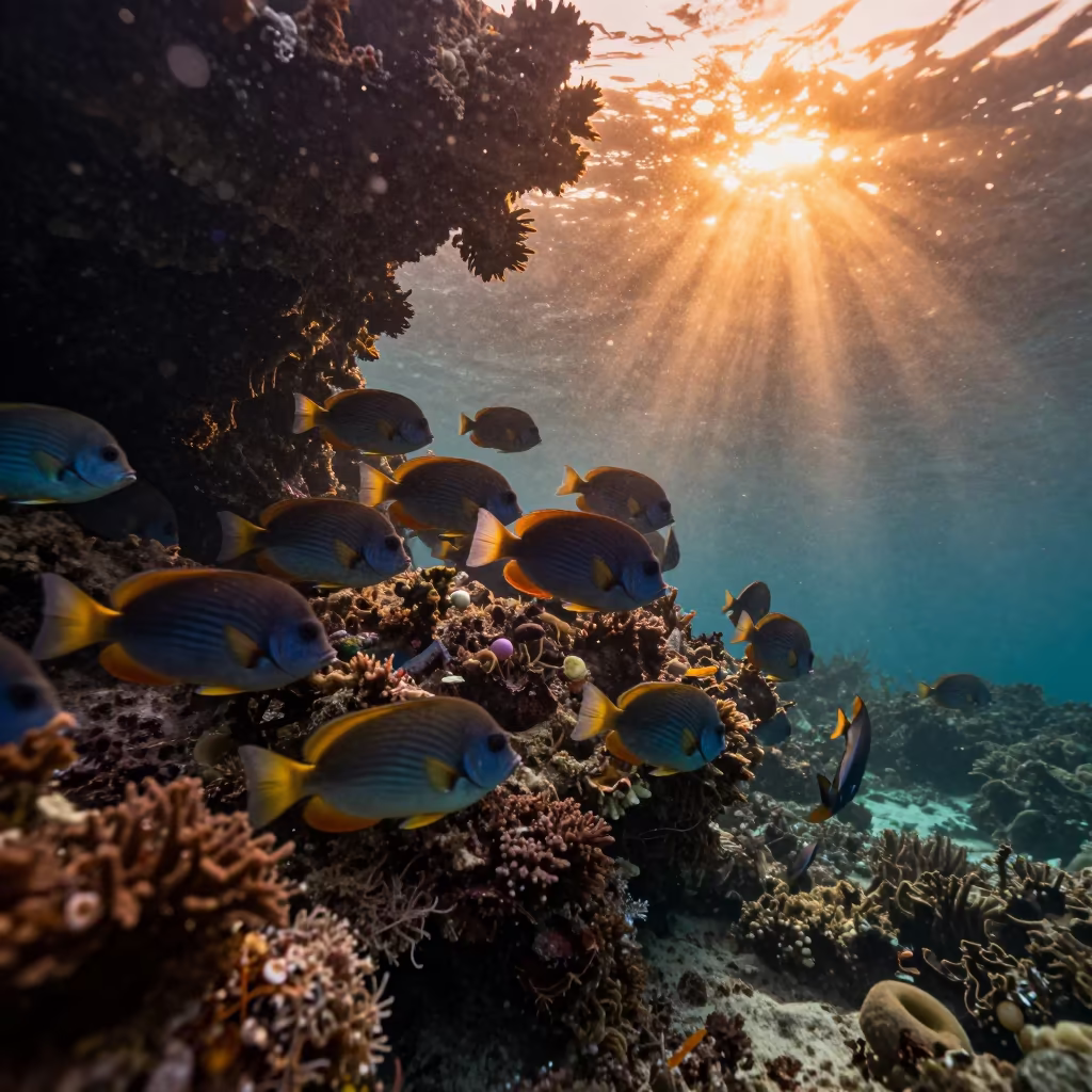 Surgeonfish Grazing Reef Rock at Sunset in beside a volcanic reef overhang near Cebu