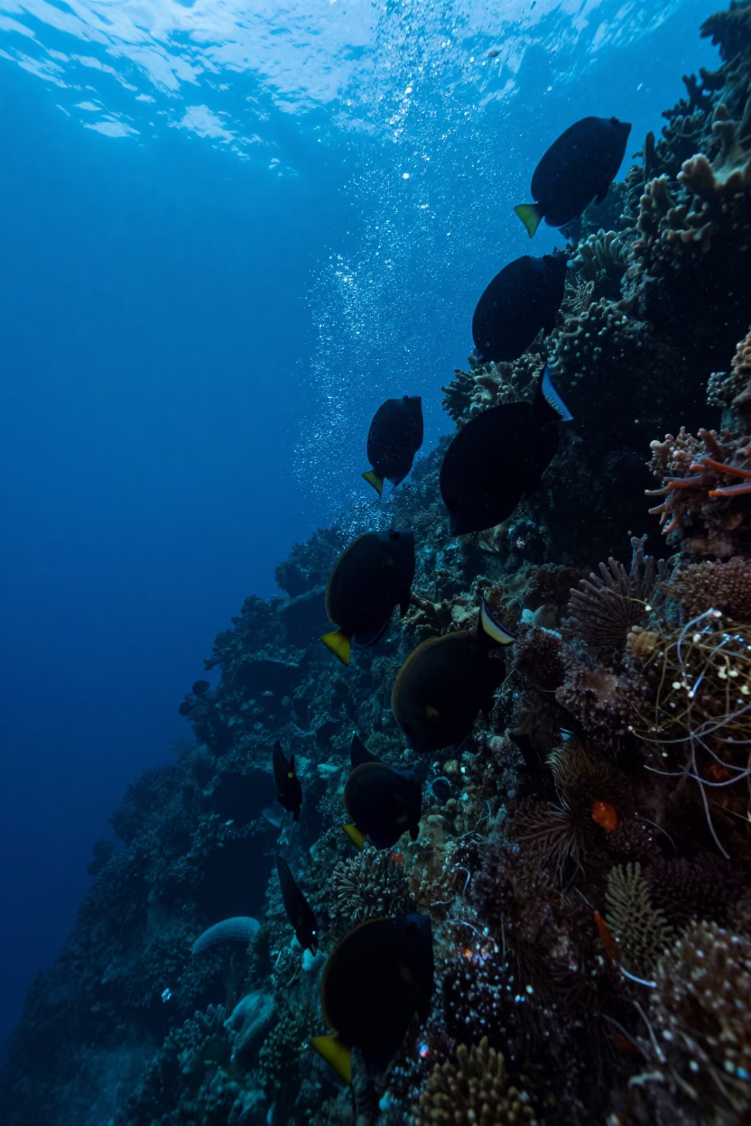 Surgeonfish School Grazing Coral Wall Belize in along a coral wall with blue water beyond near Belize City