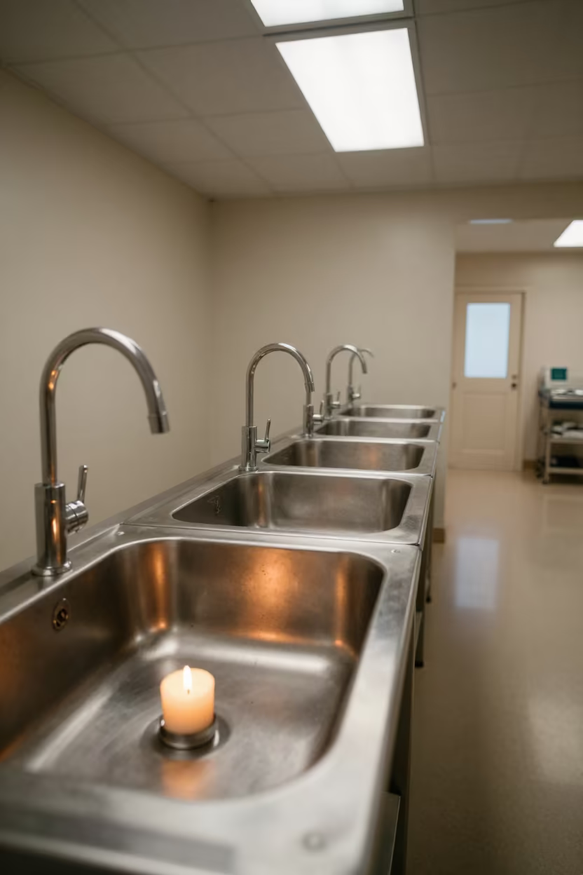 Surgical Scrub Sink Row Under Warm Candlelight in at a nurse station under monitor glow near Luxor