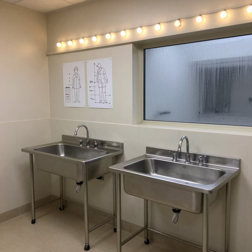 Surgical Scrub Station Under String Lights in at a nurse station under monitor glow in Assilah