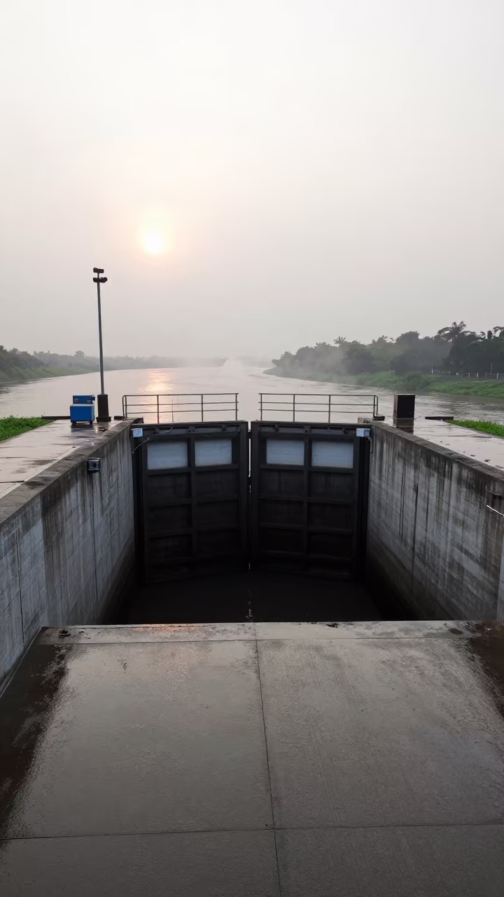Suriname Canal Lock in Wet Dawn Mist in at a canal lock chamber in Suriname