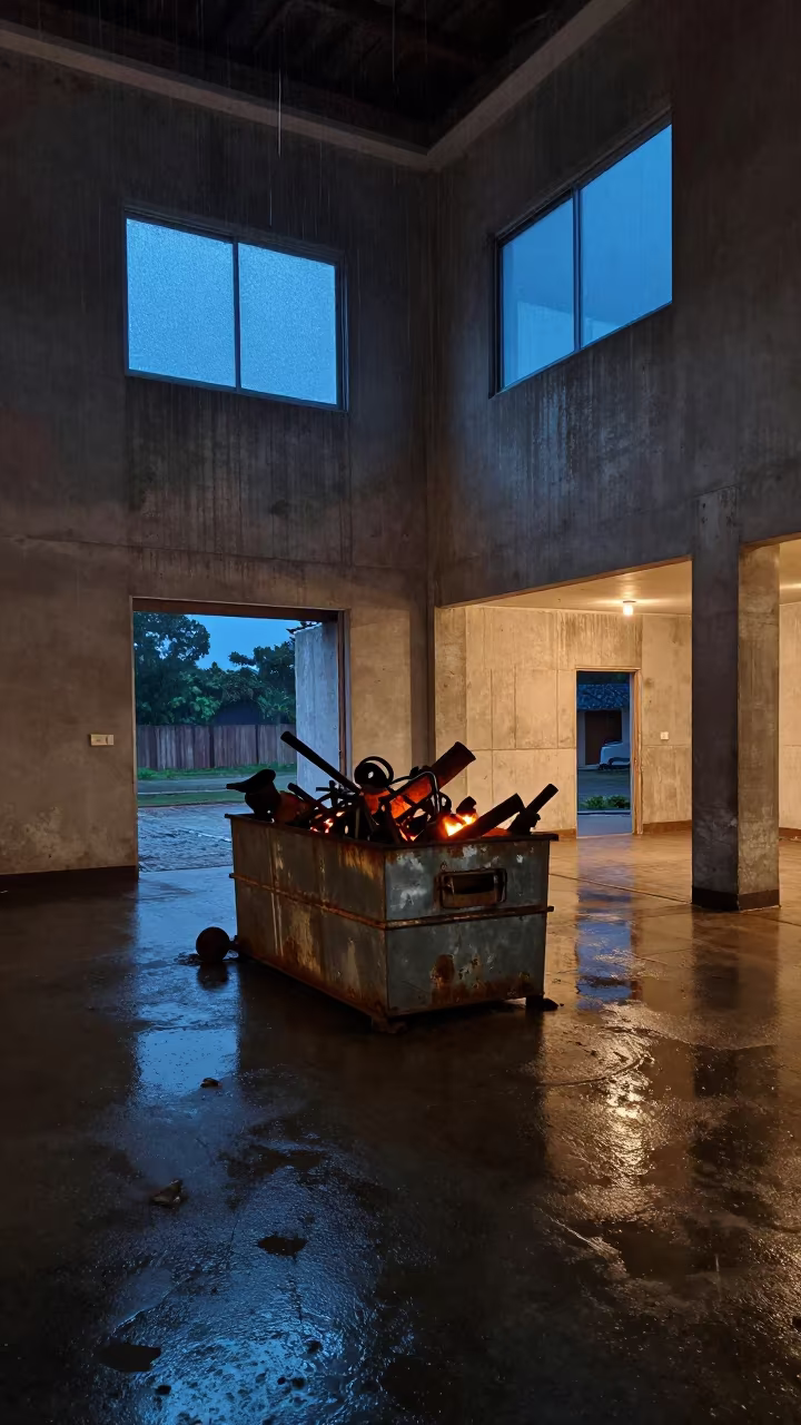 Suriname Lobby Salvage Bin Firelight Rainy Season in inside a half-built lobby in Suriname