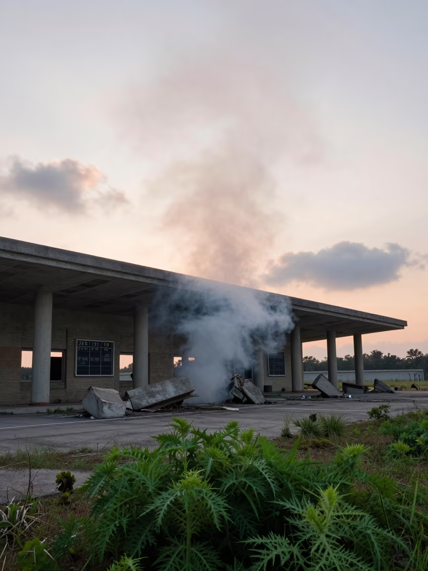 Surreal Abandoned Airport Terminal South Carolina in among toppled columns and nettles in South Carolina