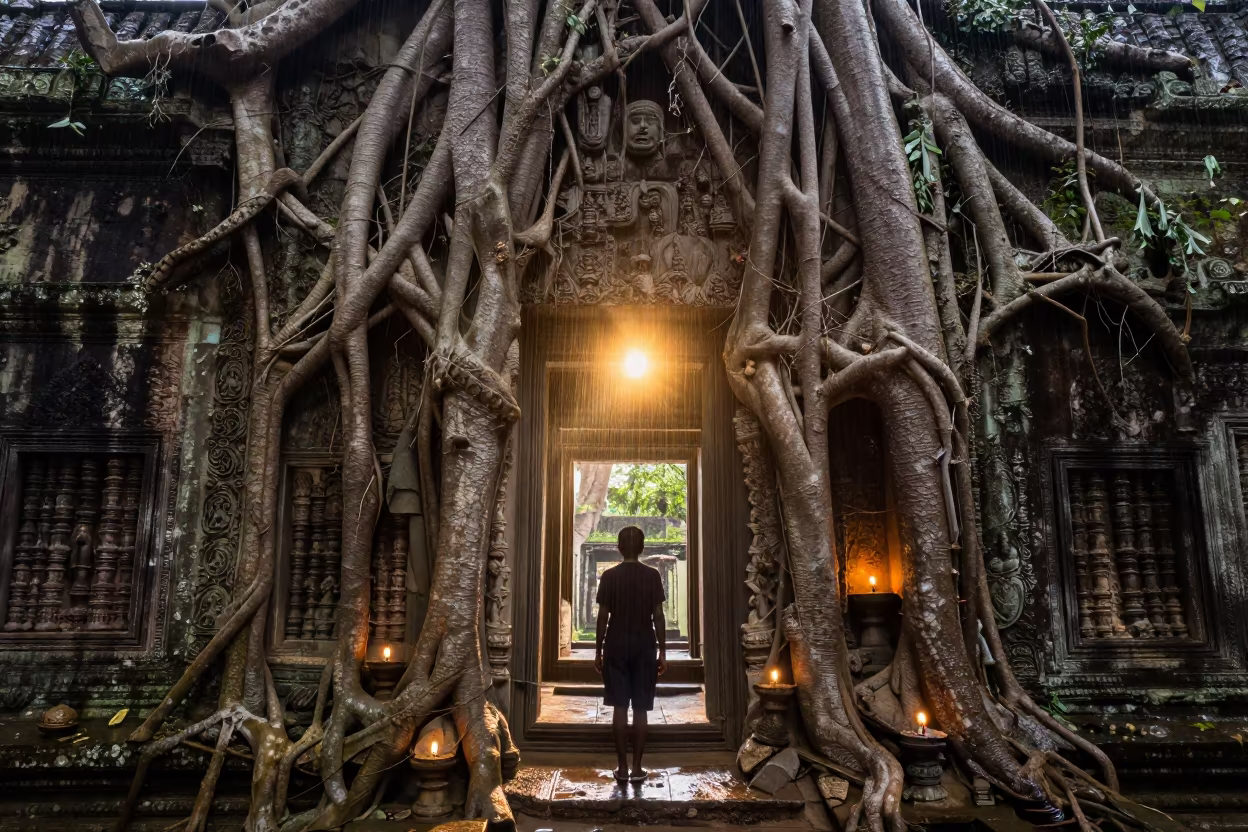 Surreal Angkor Temple Roots Silhouetted in inside a candlelit nave in Siem Reap