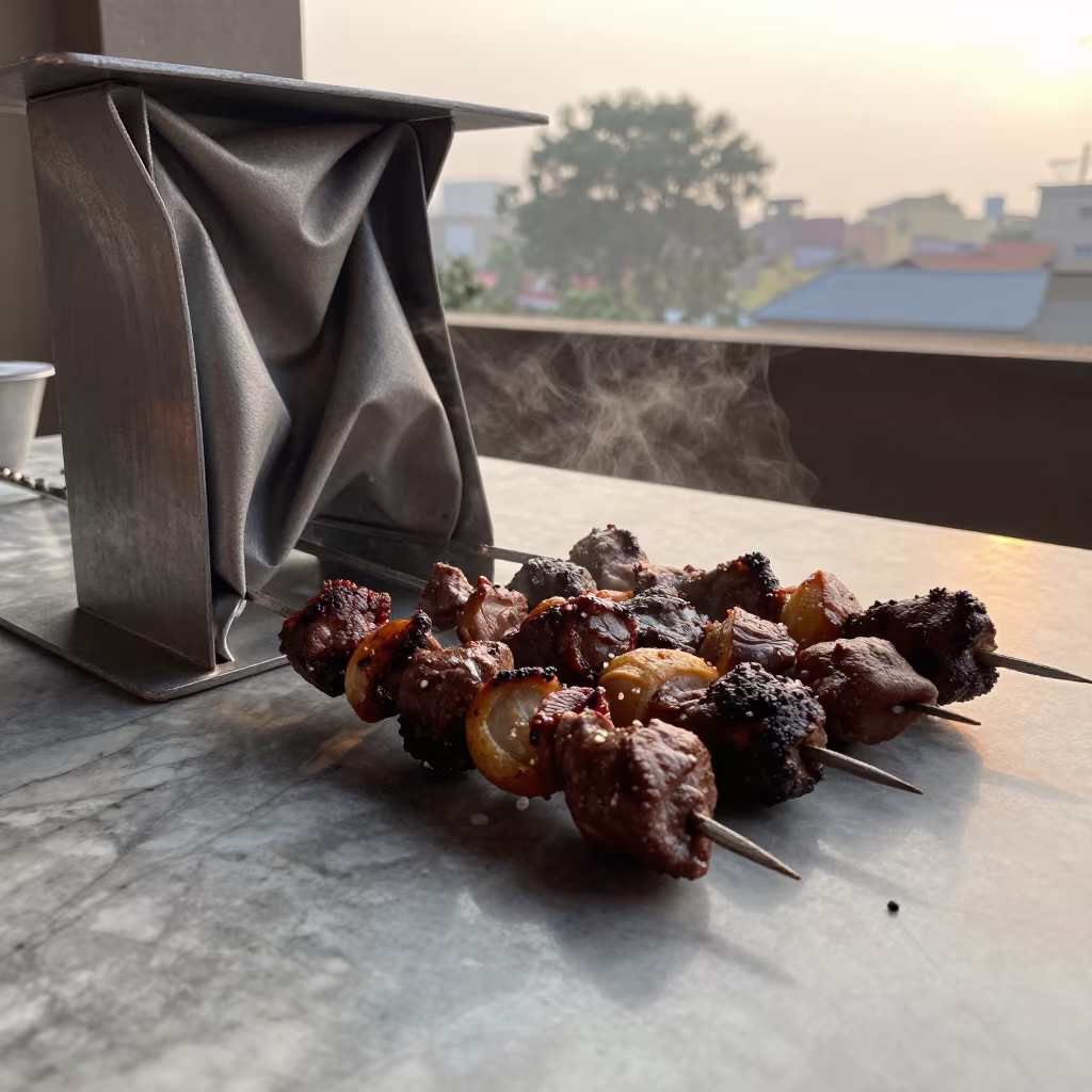 Surreal Anticuchos Skewers on Marble Table in on a marble cafe table in Madurai