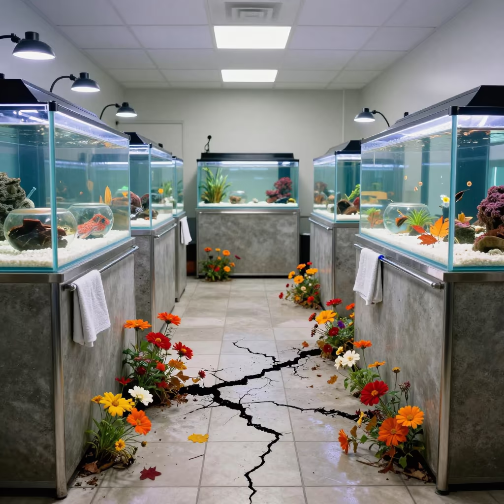 Surreal Aquarium Frag Tank with Blooming Concrete Cracks in inside a marine aquarium service room near Cape Town