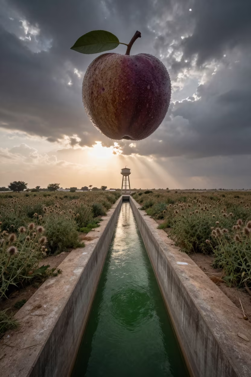 Surreal Aqueduct With Giant Fruit Sky in beside a water tower ladder in Saudi Arabia
