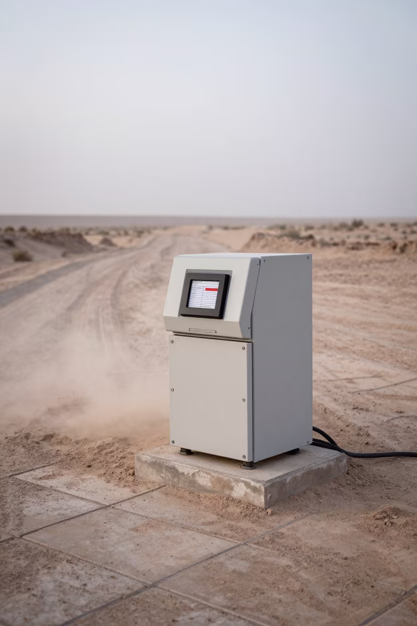 Surreal Arc-Flash Label Printer on Muddy Bolivia Road in at a muddy site access road in Bolivia