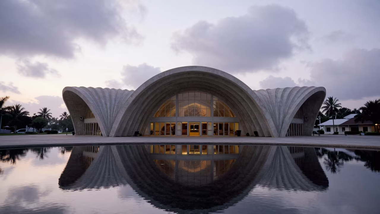 Surreal Arched Station Lobby with Water Floor Reflection in inside a ribbed concrete lobby in Zanzibar