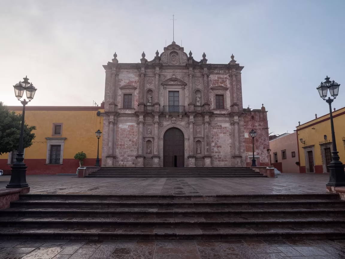 Surreal Archive Staircase in Morning Haze in in a lantern-lined temple precinct near Aguascalientes