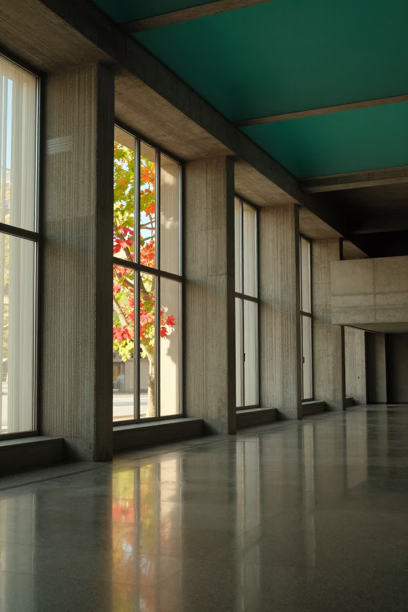Surreal Autumn Leaves Magenta Sky Lobby in inside a ribbed concrete lobby near Rothenburg