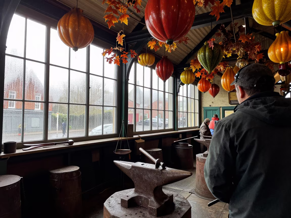 Surreal Autumn Market Hall with Floating Lanterns in in a market hall in Colchester