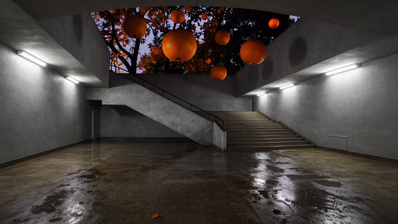 Surreal Autumn Reflections in Maiduguri Hall in inside a tiled stair hall near Maiduguri