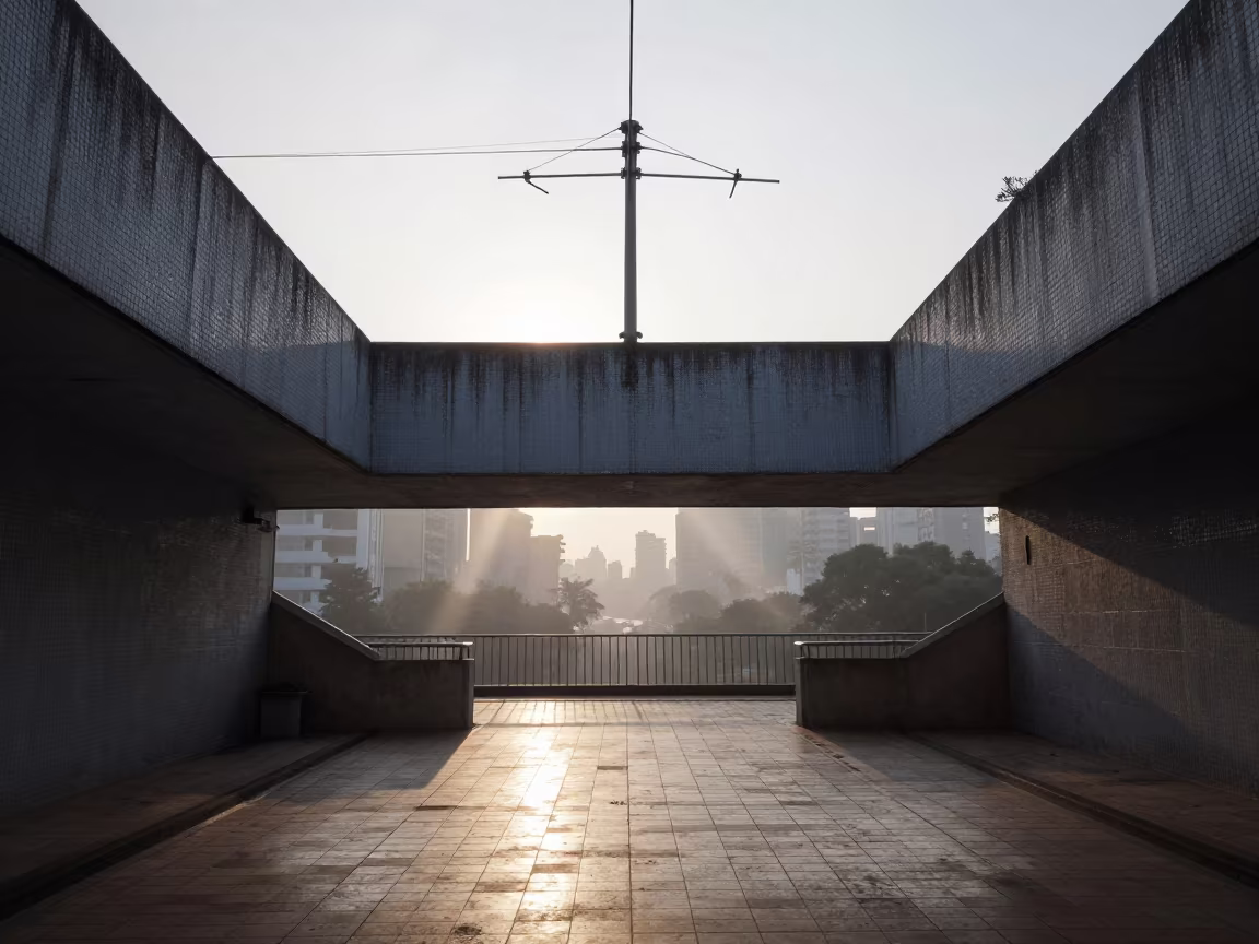 Surreal Balcony Smoke Falls in Panamanian Dawn Hall in inside a tiled stair hall in Panama City