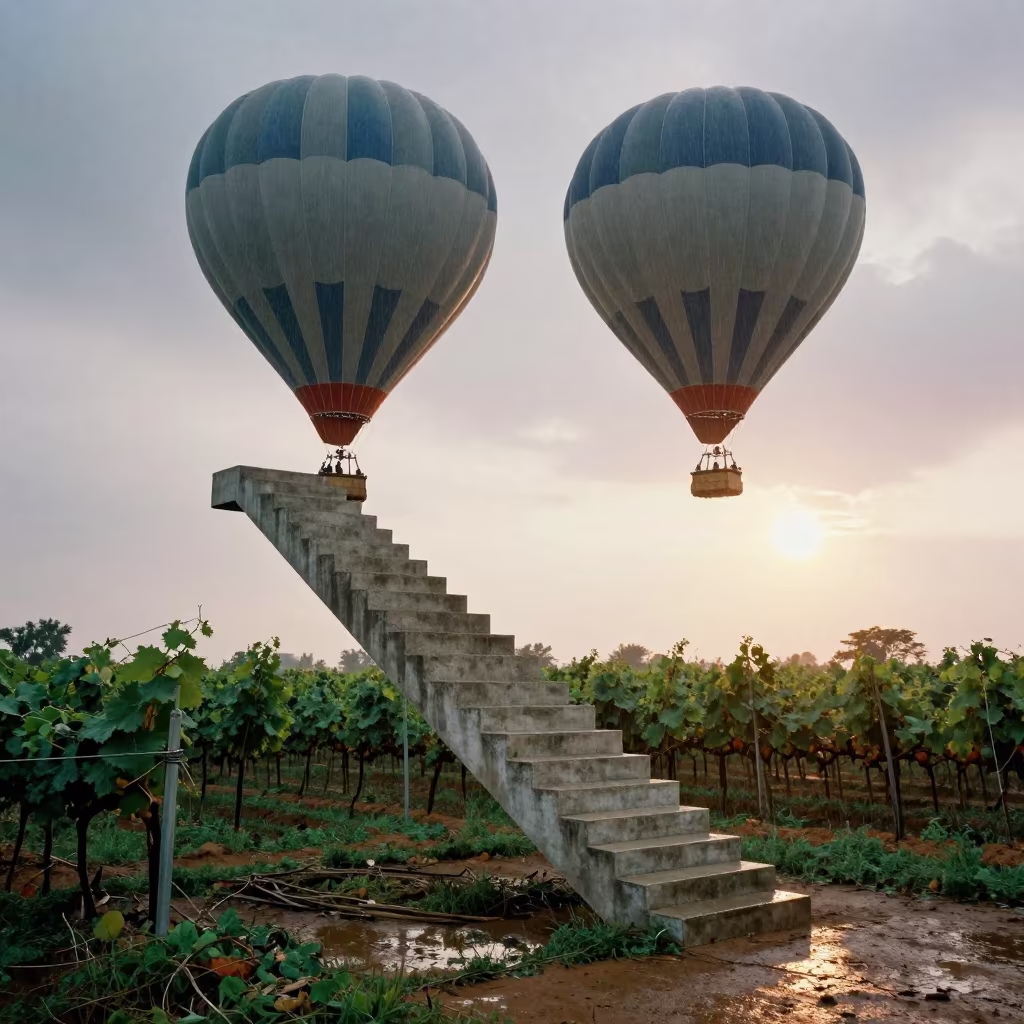 Surreal Balloon Over Monsoon Vineyards in along freshly irrigated rows in Can Tho