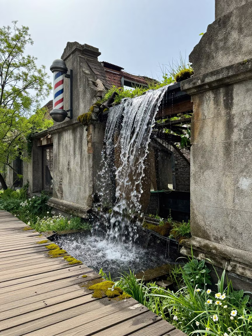 Surreal Barber Pole Ruin with Upside Water in among roofless stone chambers near Bucharest
