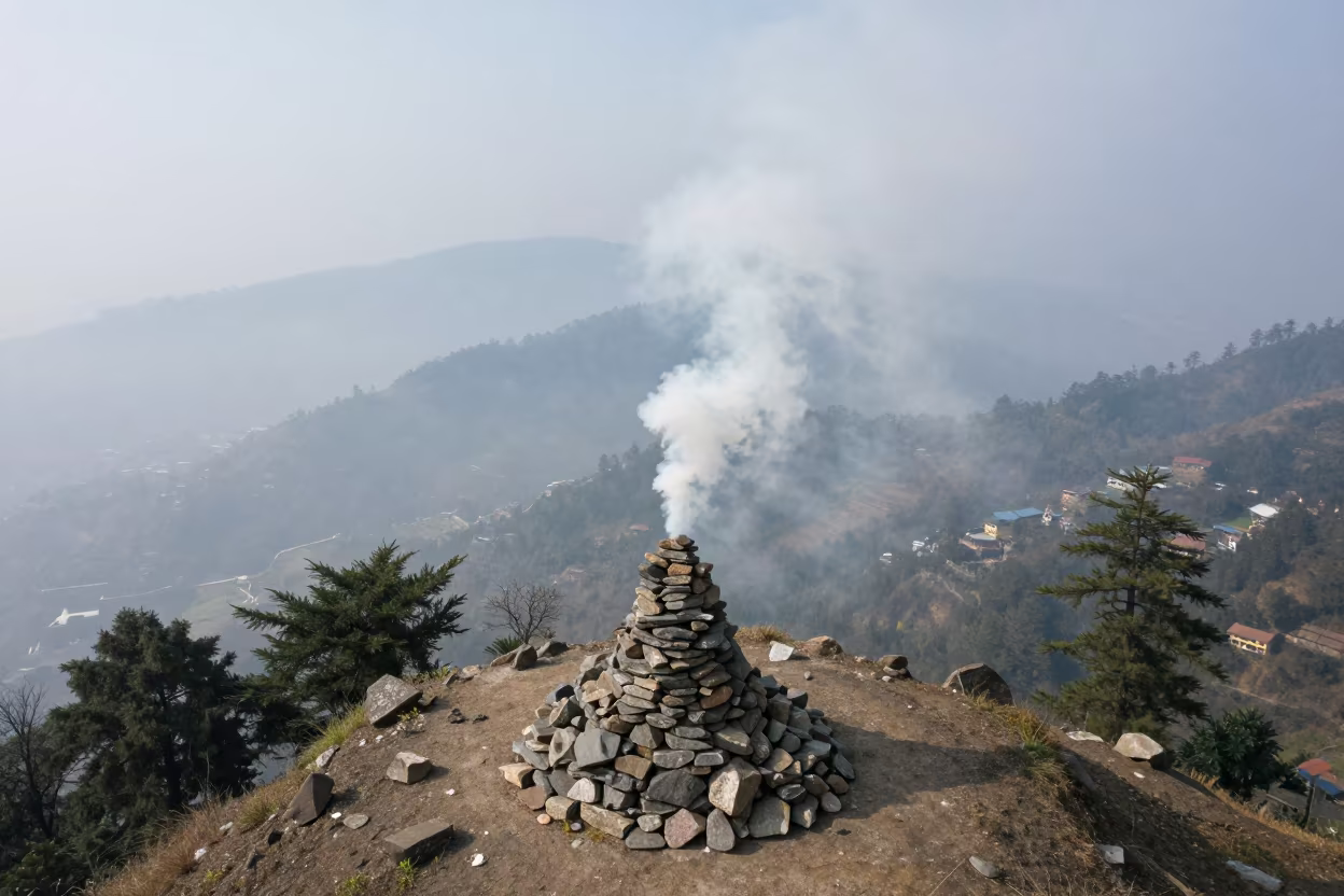 Surreal Barge Wakes and Downward Smoke in beside a summit cairn above the tree line near Shimla