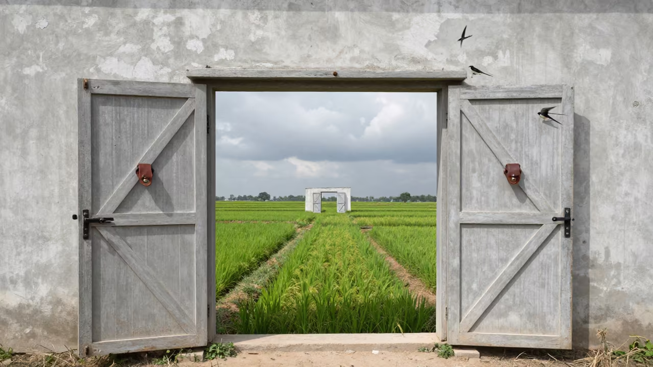 Surreal Barn Door Open to Tack and Swallows in among terraced rice paddies in Pakistan