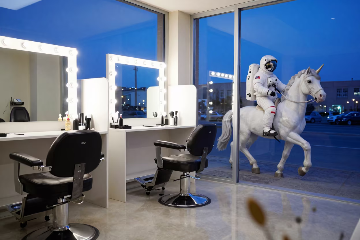 Surreal Beauty Salon with Unicorn Astronaut in at a barber station beneath mirror bulbs in Douma