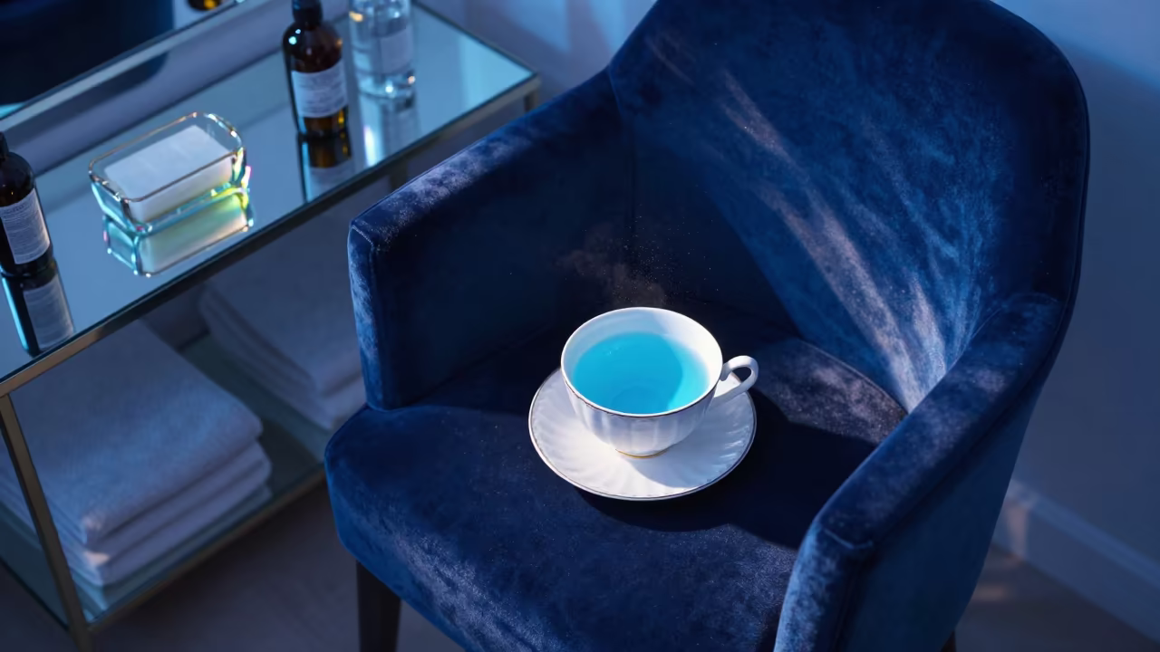 Surreal Blue Hour Soap Case Pool in on a velvet chair in Pristina