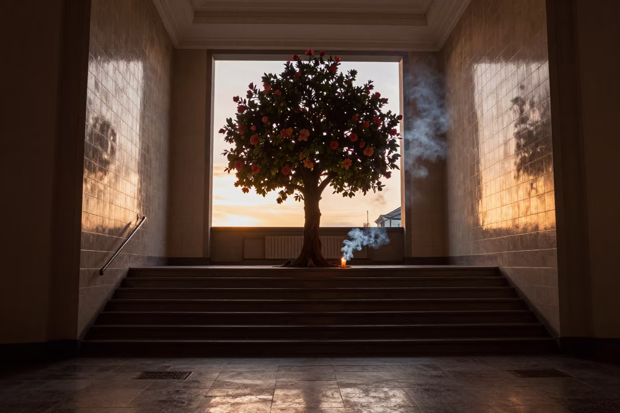 Surreal Blue Smoke Trail in Autumn Uppsala Stair Hall in inside a tiled stair hall in Uppsala