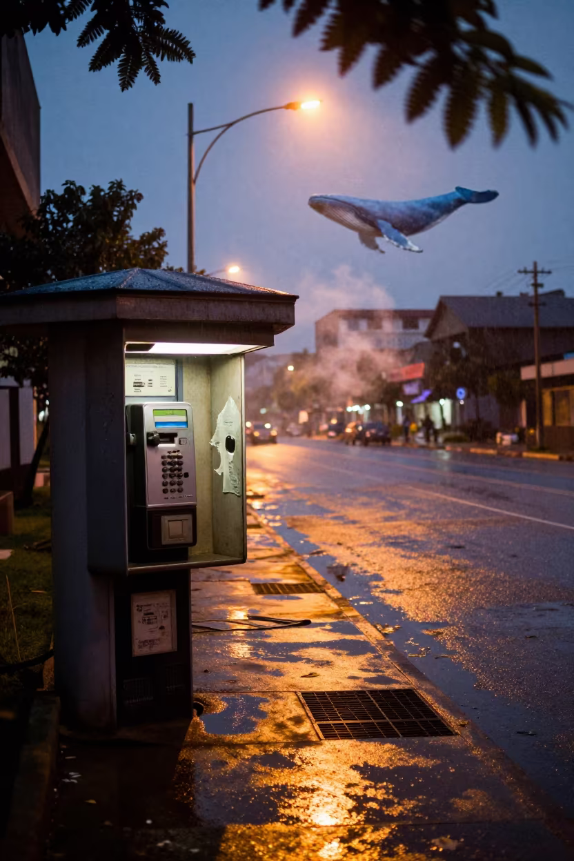 Surreal Blue Whale Shadow Over Rainy Ilorin Street in by a rain-darkened kiosk in Ilorin