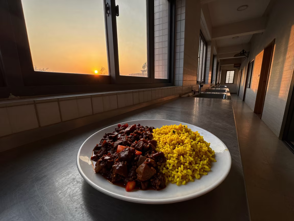 Surreal Bobotie Plate with Corridor Beyond Kitchen Window in on a kitchen worktop in Shenzhen