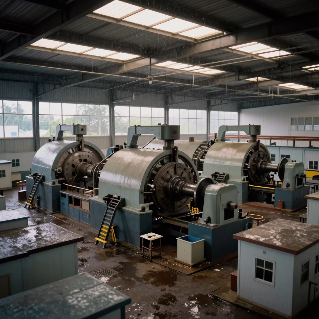 Surreal Bone Meal Factory with Tiny Buildings in in a machine shop near Bandung