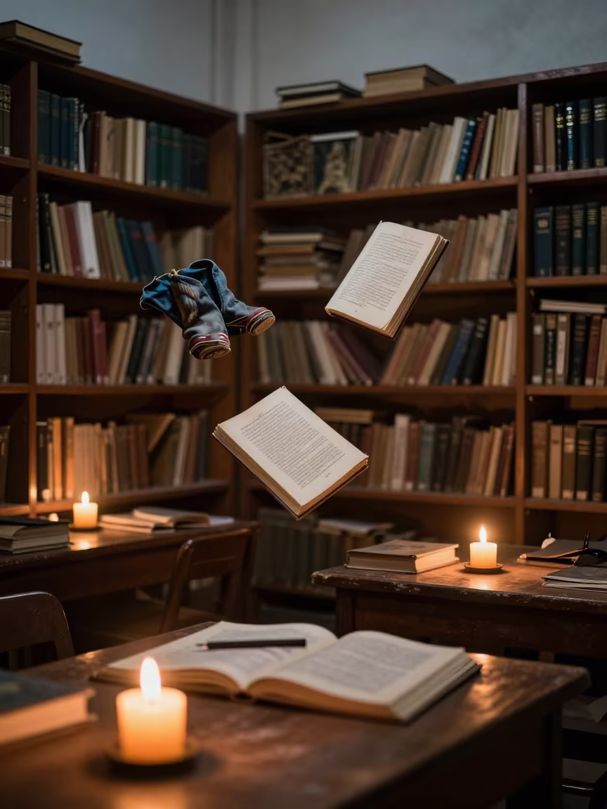 Surreal Bookbinder Sewing Signatures in Pune Library in in a library reading room in Pune
