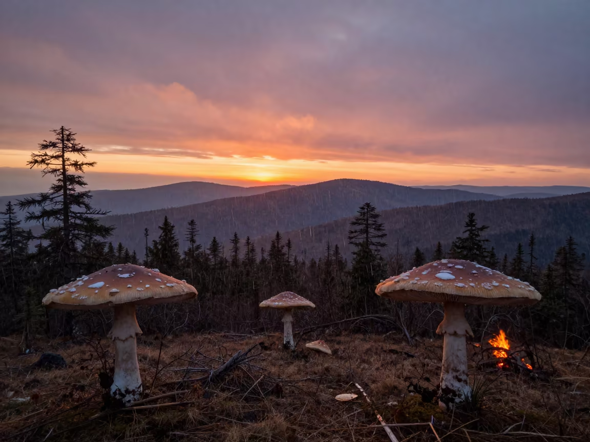 Surreal Boreal Forest Ridge Giant Mushroom Umbrellas in from a ridge above layered foothills in Italy